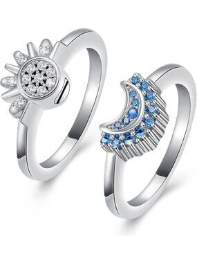 Celestial Sun & Moon Stackable Rings Set - Sparkling Silver Promise Jewelry for